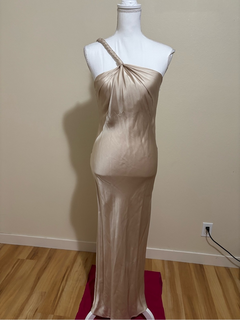 Elie Tahari One-Shoulder Satin Gown in Champagne Beige